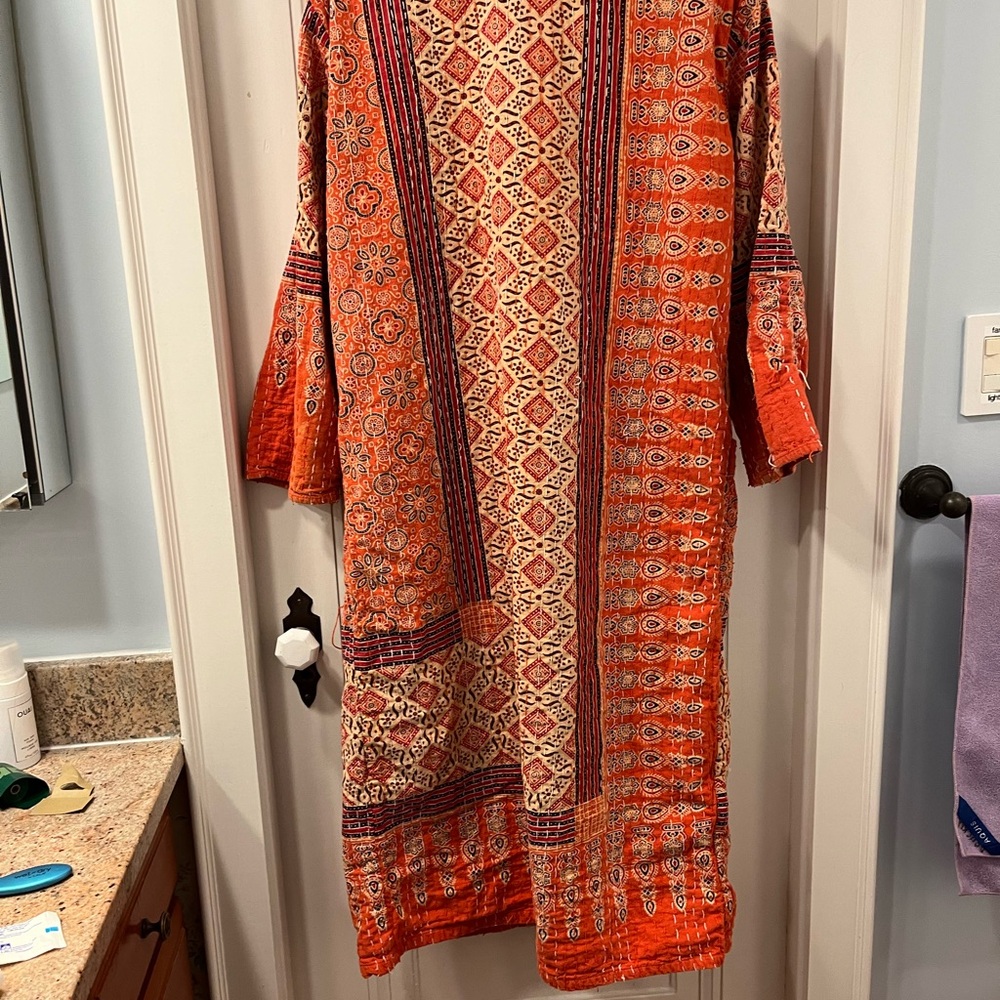 Kantha cloth bathrobe, orange, size S/M - Picture 2 of 4